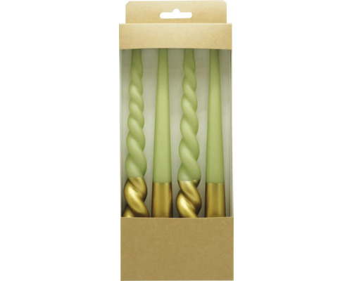 Stabkerze Ø 2,2 cm H 25 cm gedreht birnengrün gold 4 Stk. Vier grüne Kerzen in einer Verpackung, zwei glatt und zwei gewirbelt, mit goldfarbenem Sockel