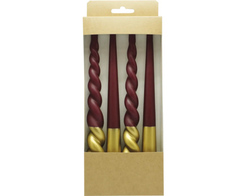 Stabkerze Ø 2,2 cm H 25 cm gedreht bordeaux gold 4 Stk. Dekorative Tafelkerzen im Viererpack, teilweise spiralförmig