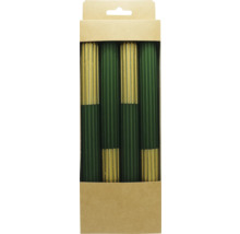 Verpackung mit grünen und goldenen Tafelkerzen