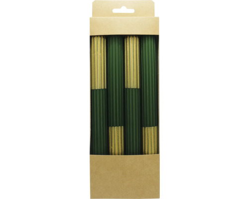 Stabkerze Ø 2,2 cm H 25 cm waldgrün gold 4 Stk. Verpackung mit grünen und goldenen Tafelkerzen
