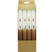 Vier Adventskerzen mit Zahlen in einer Verpackung