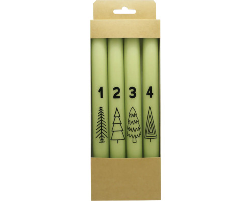 Adventskerzen Ø 2,2 cm H 25 cm Tannen grün 4 Stk. Vier Adventskerzen mit Zahlen und Tannenbaum Motiven in einer Verpackung