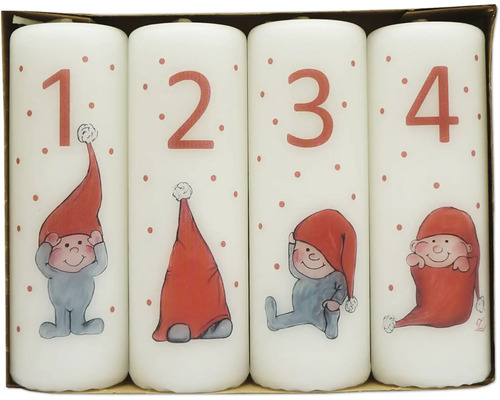 Bougies de l'Avent Ø 4 cm h 12,2 cm Lutin blanc 4 pièces Set de bougies de l''Avent avec chiffres et motifs de Noël