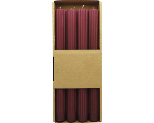 Stabkerze Ø 2,2 cm H 25 cm Rillen bordeaux 4 Stk. Verpackung mit acht gerippten Tafelkerzen