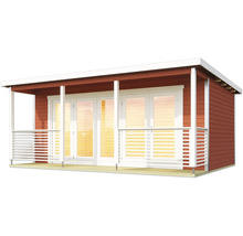 Abri de jardin moderne avec véranda, porte double et bardage bois