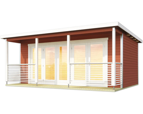 Abri de jardin moderne avec véranda, porte double et bardage bois