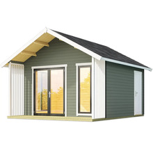 Abri de jardin avec porte double, fenêtre et toit à deux pentes