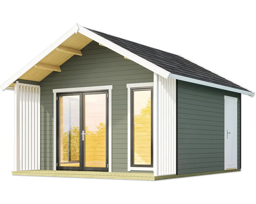 Abri de jardin avec porte double, fenêtre et toit à deux pentes