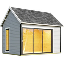 Abri de jardin avec porte coulissante et toit à deux pentes