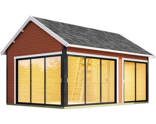 Abri de jardin moderne avec portes coulissantes et toit à deux pentes