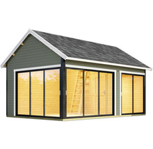 Abri de jardin avec portes coulissantes et toit à deux pans