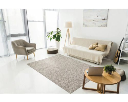 Wohnzimmer mit Teppich, Sessel, Sofa und Couchtisch in hellem Design