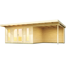 Abri de jardin en bois avec véranda couverte et portes fenêtres