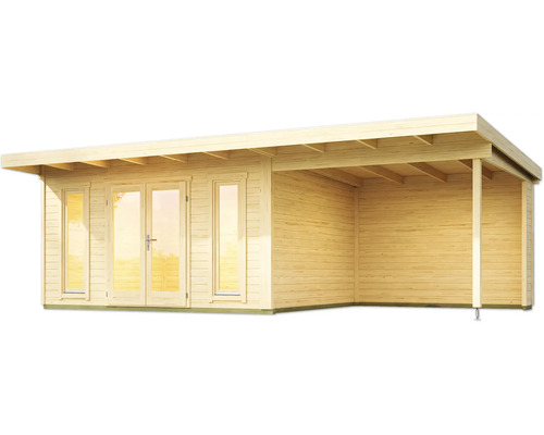 Abri de jardin en bois avec véranda couverte et portes fenêtres