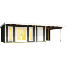 Abri de jardin avec fenêtres, porte double, porte simple et auvent