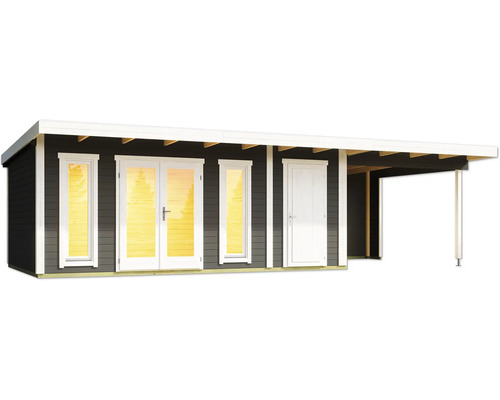 Abri de jardin avec fenêtres, porte double, porte simple et auvent