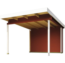 Abri en bois avec revêtement en bois rouge et toit blanc