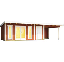 Abri de jardin en bois avec véranda, fenêtres et porte double