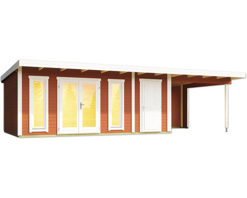 Abri de jardin en bois avec véranda, fenêtres et porte double