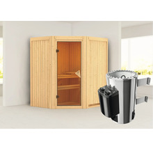 Ecksauna aus Holz mit Saunaofen