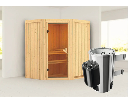 Ecksauna aus Holz mit Saunaofen