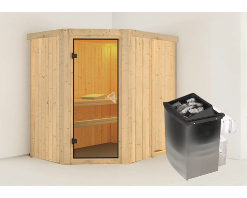 Elementsauna Karibu Carina inkl. 9 kW Ofen u.integr.Steuerung ohne Dachkranz mit bronzierter Ganzglastür