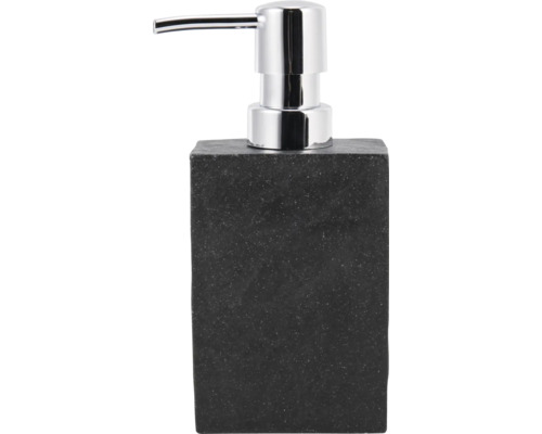 Seifenspender mit schwarzem Steinkorpus und Chrompumpe