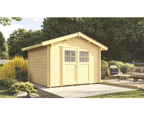 Abri de jardin en bois avec double porte et fenêtres dans le jardin