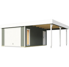 Holzgarage mit Carport, Tür, Fenster und Garagentor