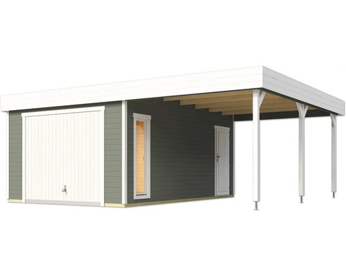 Holzgarage mit angebautem Carport, einer Garagentür, einer Tür und einem Fenster