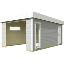 Abri de voiture en bois avec fenêtre et porte