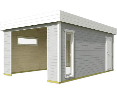 Abri de voiture en bois avec fenêtre et porte