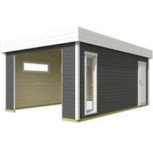 Graues Gartenhaus mit Fenster und Tür