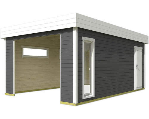 Graues Gartenhaus mit Fenster und Tür