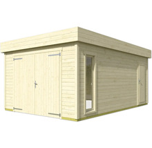Garage en bois avec double porte, porte latérale et fenêtre