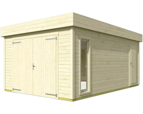 Garage en bois avec double porte, porte latérale et fenêtre