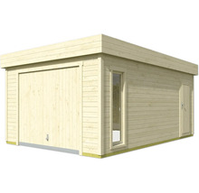 Garage en bois avec porte roulante, fenêtre et porte latérale