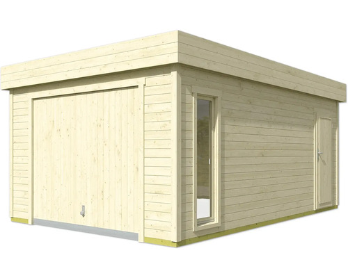 Garage en bois avec porte roulante, fenêtre et porte latérale
