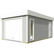 Garage d''outils grise avec porte enroulable, porte et fenêtre