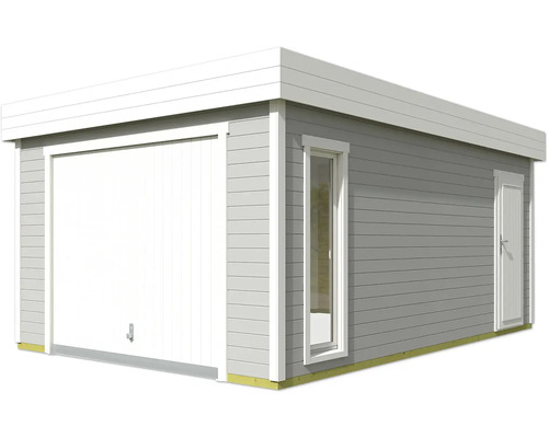 Garage d''outils grise avec porte enroulable, porte et fenêtre