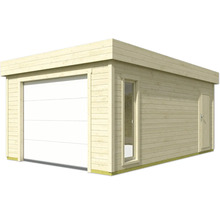 Garage en bois avec porte de garage, fenêtre et porte
