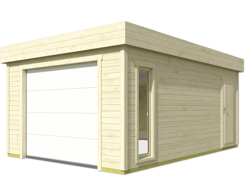 Garage en bois avec porte de garage, fenêtre et porte