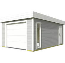 Abri de jardin gris avec porte de garage, fenêtre et porte latérale