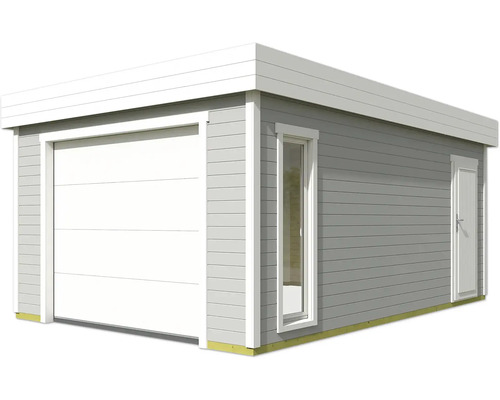 Abri de jardin gris avec porte de garage, fenêtre et porte latérale