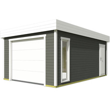 Moderne Holzgarage mit Sektionaltor, Fenster und Seitentür