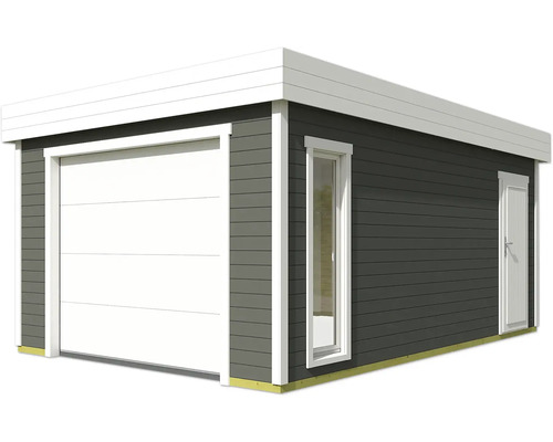 Moderne Holzgarage mit Sektionaltor, Fenster und Seitentür