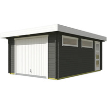 Abri de jardin avec porte de garage, fenêtres et porte