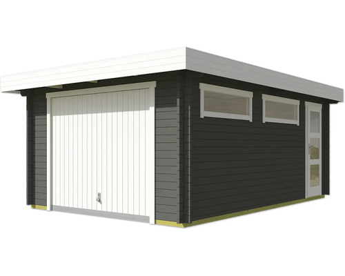 Abri de jardin avec porte de garage, fenêtres et porte