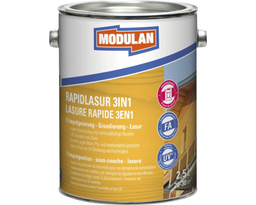 Lasure express MODULAN 3en1 résistante au gel pin 2,5 l Boîte de lasure de protection du bois Rapidlasur 3en1 de Modulan, 2,5 litres