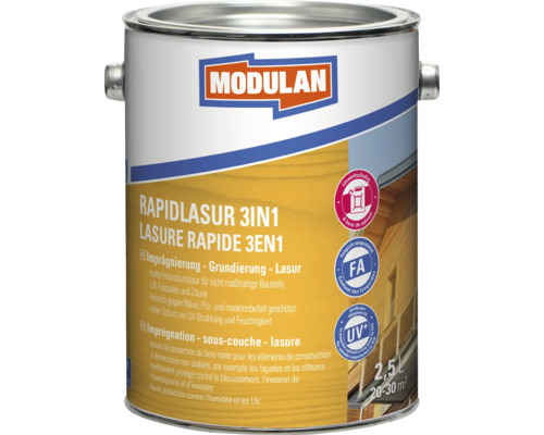 Lasure express MODULAN 3en1 résistante au gel noyer 2,5 l Modulan Rapidlasur 3en1 Lasure de protection du bois dans un seau métallique